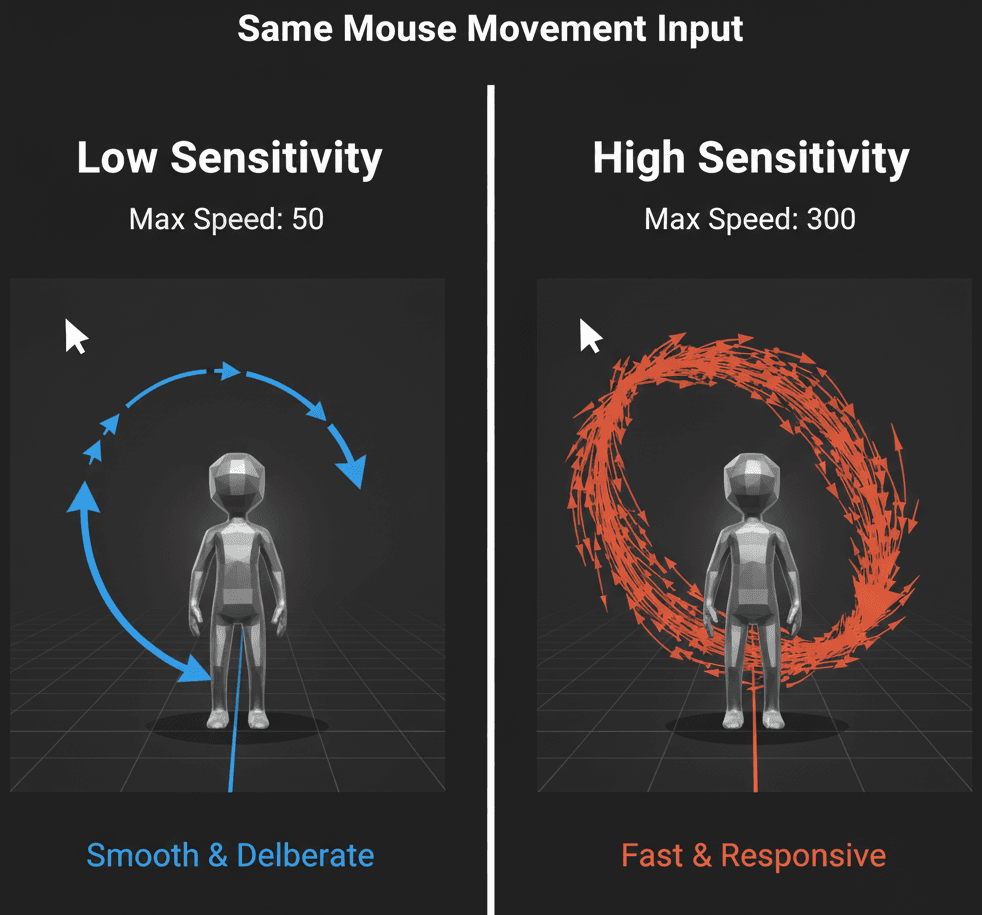 Comparison of different camera sensitivity settings in a game.