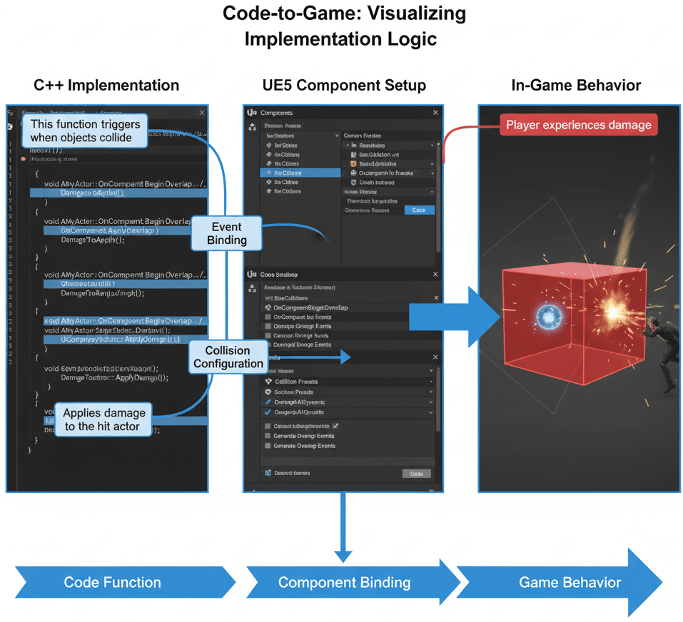 Visual representation of code implementations for damage zones and projectiles