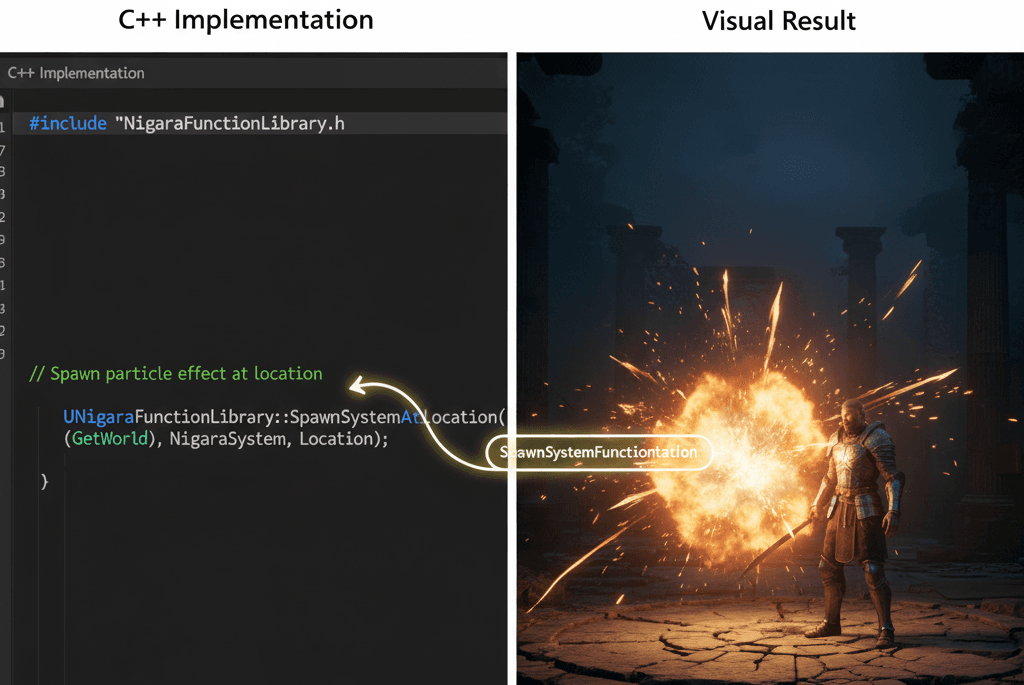 A visual representation of C++ code spawning a visual effect in the Unreal Engine 5 viewport.