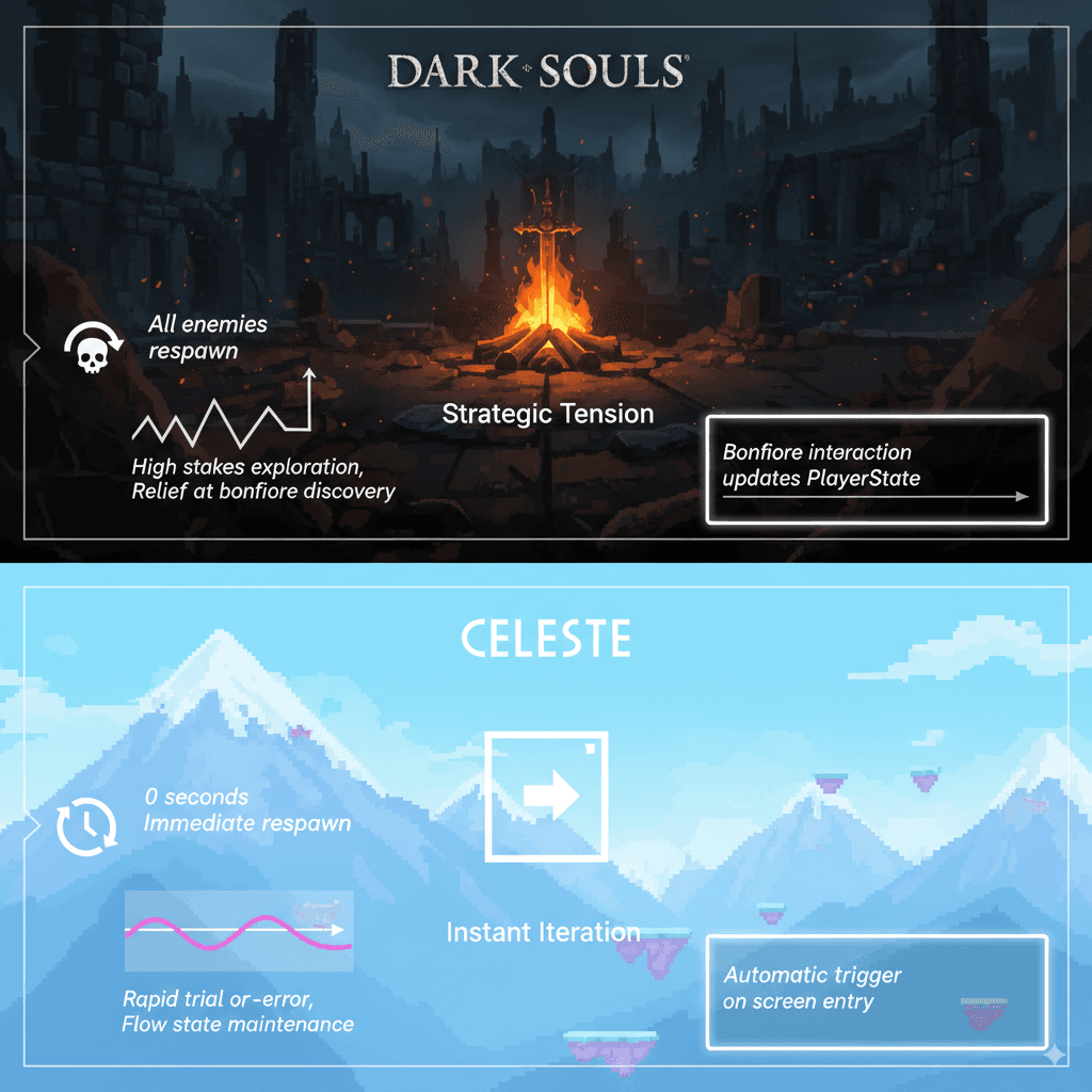 Comparison of checkpoint design in Dark Souls vs Celeste