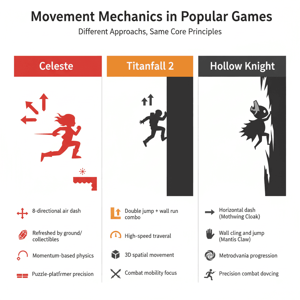 Comparison of movement mechanics in Celeste, Titanfall 2, and Hollow Knight