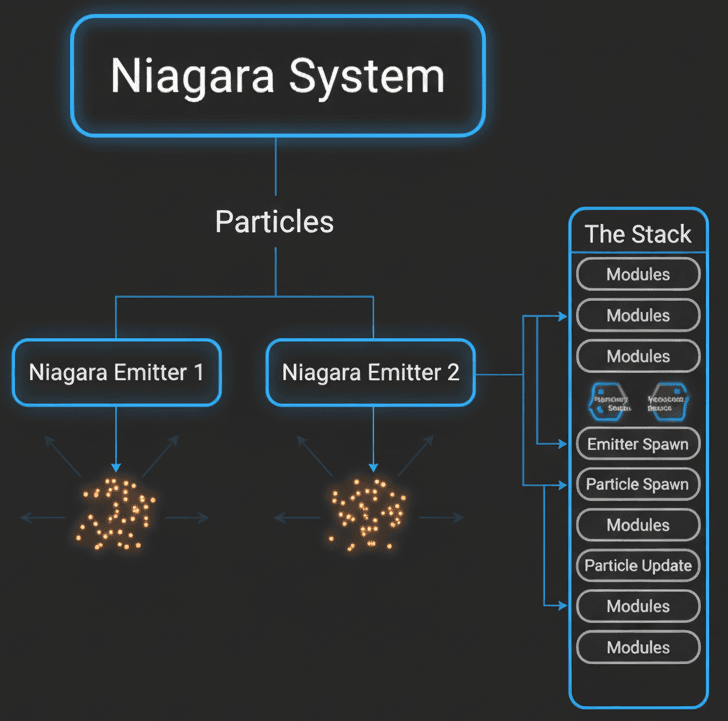 A diagram showing the hierarchy of a Niagara System, with the System at the top, containing Emitters, which in turn control Particles using Modules.