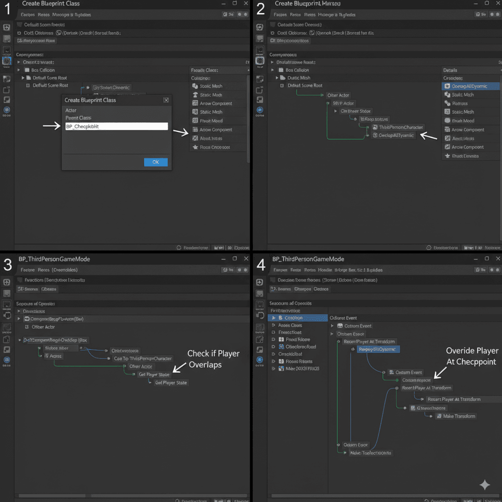 Blueprint implementation steps for a checkpoint system in UE5