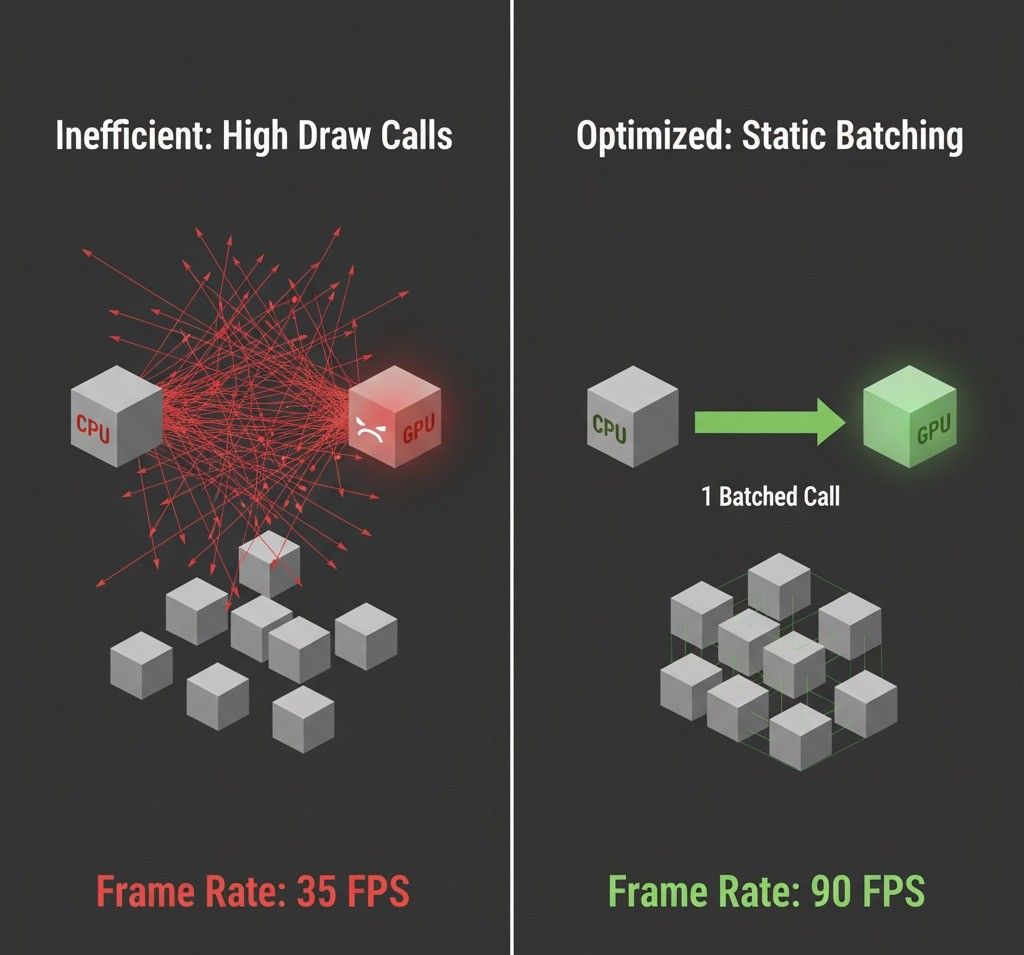 visual comparison of a high number of draw calls versus a single batched draw call