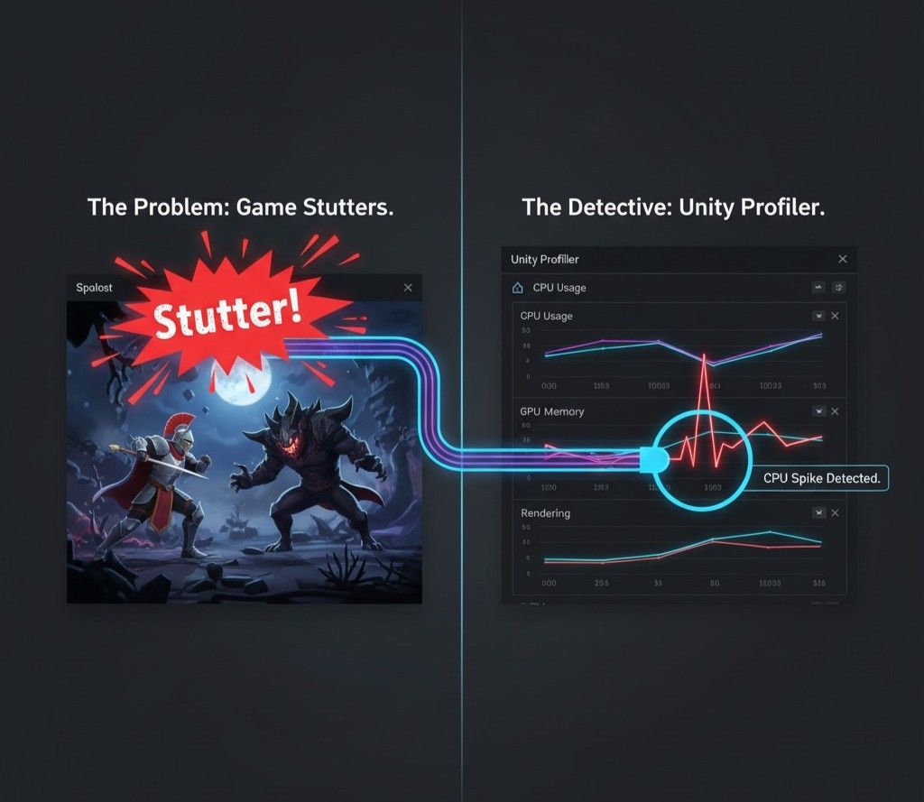 visual metaphor showing the Unity Profiler diagnosing a video game performance
